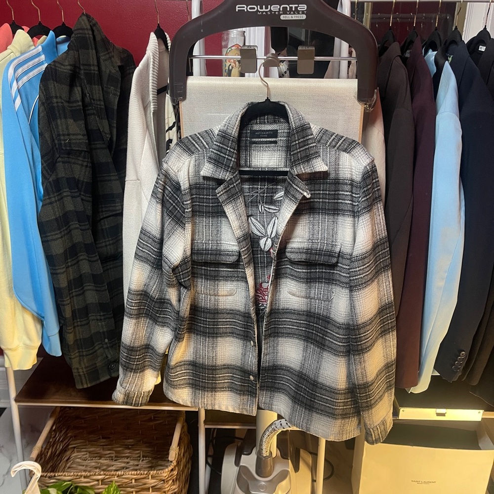 All Saints Black and White Plaid Utility Jacket Over Shirt